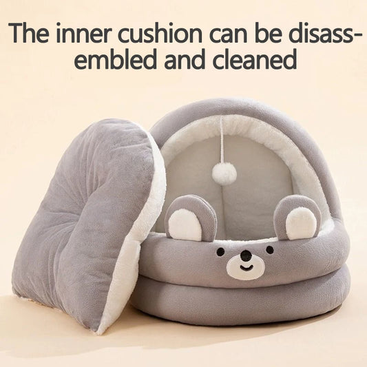 Cat Litter Bed Soft and Cozy with Plush Ball Semi-Closed Puppy Kitten Cave Bed Removable Cute Cartoon Pet Litter