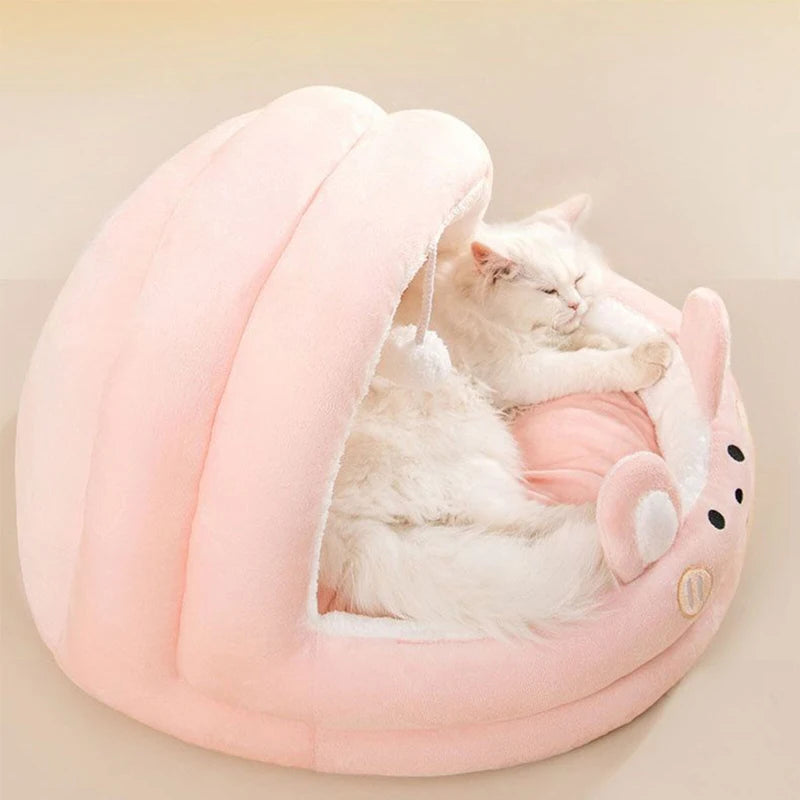 Cat Litter Bed Soft and Cozy with Plush Ball Semi-Closed Puppy Kitten Cave Bed Removable Cute Cartoon Pet Litter